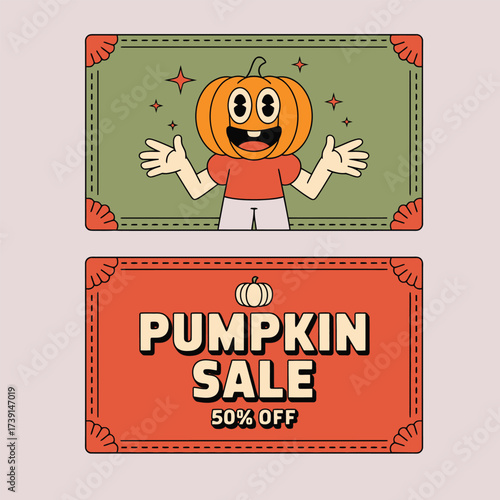 Retro Cartoon Pumpkin Character Pumpkin Sale Fifty Percent Off Design