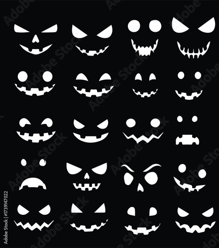 Vector set of white spooky Halloween pumpkin faces with creepy expressions, perfect for jack-o’-lanterns, party decorations, posters, and festive design projects.