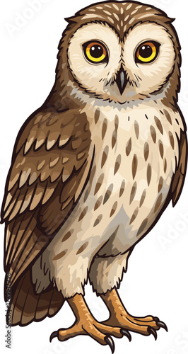 Realistic owl illustration, detailed feathers, wildlife bird, yellow eyes, nocturnal animal, nature art, forest creature, predator, perched owl, educational use