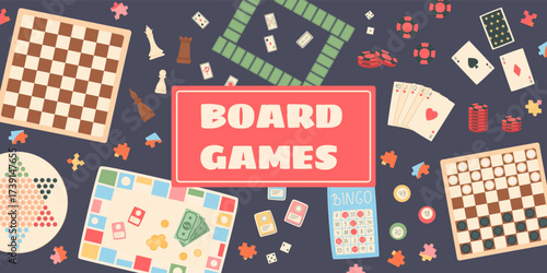 Playful cartoon boardgame banner with chess, cards, dice, and puzzles. Vibrant mix of bingo tiles and table games. Family entertainment fun for leisure party moments.