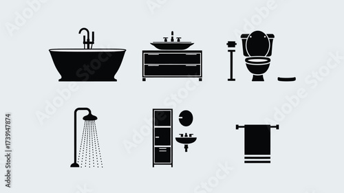 Bathroom furniture and fixtures vector silhouettes scalable icon pack for interior design projects silhouette White background
