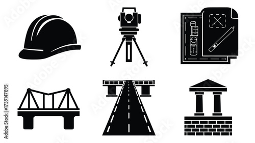 Set of six vector silhouettes representing engineering and construction concepts scalable eps graphics silhouette White background