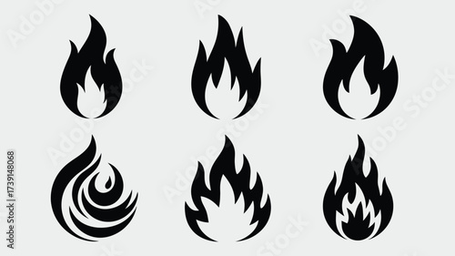 Six hand-drawn silhouette flame vector icons for fire and heat graphics scalable eps silhouette White background
