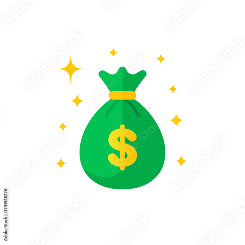Green bag with dollar sign and sparkles on transparent background