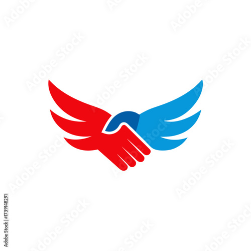 Handshake with wings in red and blue color on transparent background