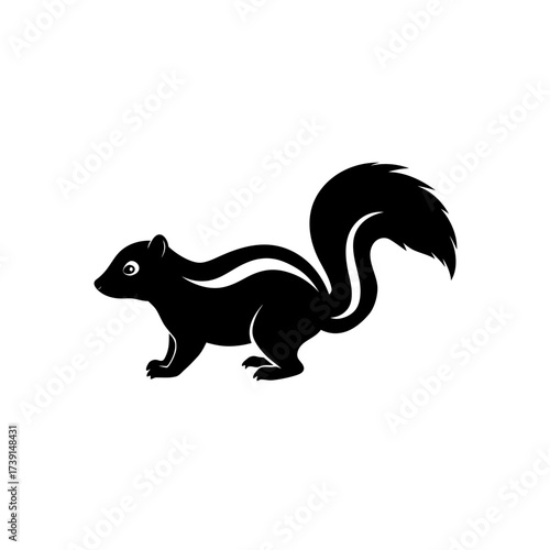 Silhouette of a skunk with a bushy tail on transparent background