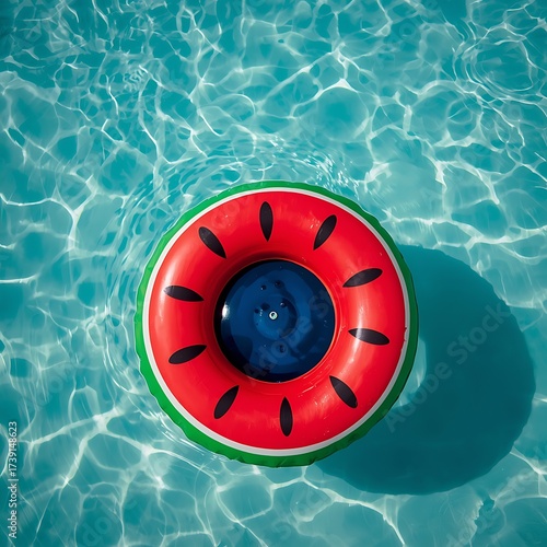 Top View of Inflatable Ring Floating in Swimming Pool on Sunny Day