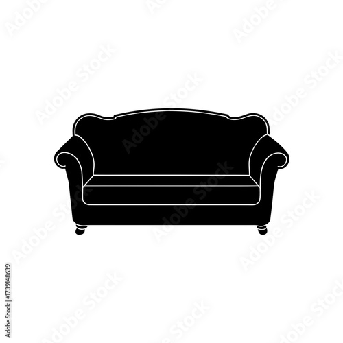 Silhouette of a classic style black sofa on transparent background