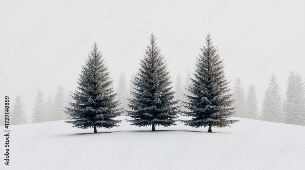 Obraz premium Three frosted evergreen trees stand centered on a snowy, undulating winter landscape, misty
