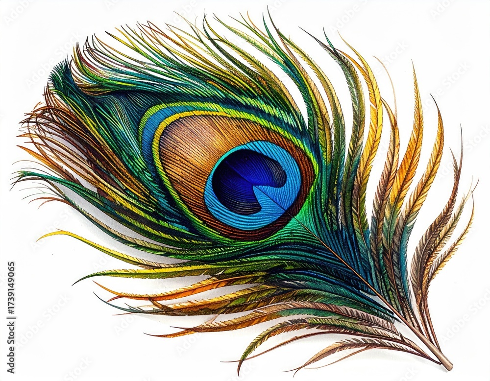 Obraz premium Iridescent peacock feather with eye on white background