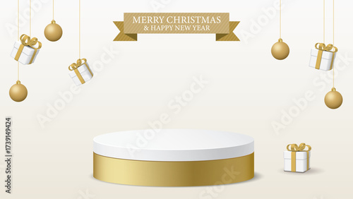 3D blank podium display have Christmas balls and gift boxes hanging around with Merry Christmas and Happy New Year calligraphy in golden ribbon