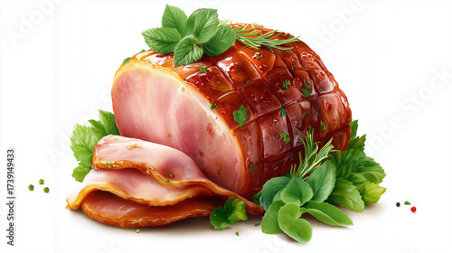 Festive Roasted Ham with Garnishes Ideal for Holiday Celebrations and Culinary Designs