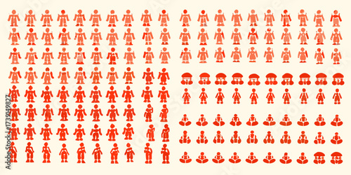 Collection of stylized red human figures in various poses and outfits against a light background