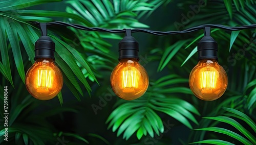 String lights glow against vibrant green foliage