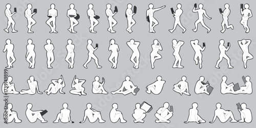 Collection of diverse white human silhouettes in various poses interacting with digital devices and reading books