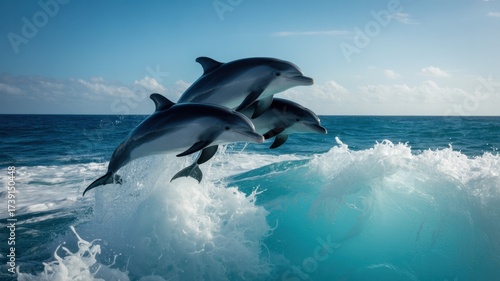 Fototapeta Naklejka Na Ścianę i Meble -  A pod of playful dolphins leaps and dances in the ocean waves under a clear blue sky, showcasing their agility and beauty in the vast sea