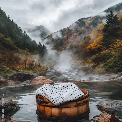 Wood tub with a cloth overlooking hazy mountain river