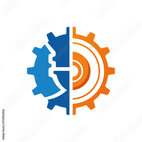 Blue and orange gear design split in half on transparent background