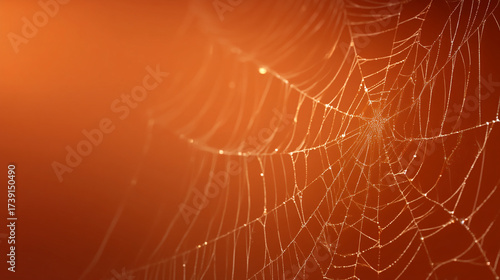 A close up of a spiderweb with dew drops against an orange background