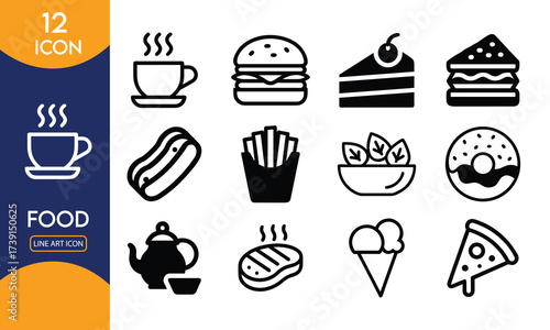 Collection of twelve simple black and white food icons representing various popular fast food and dessert items on a white background