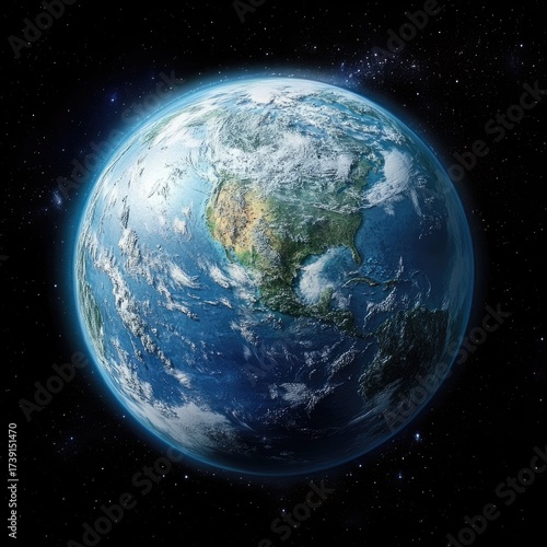 Earth, clouds, continents view from space amid stars
