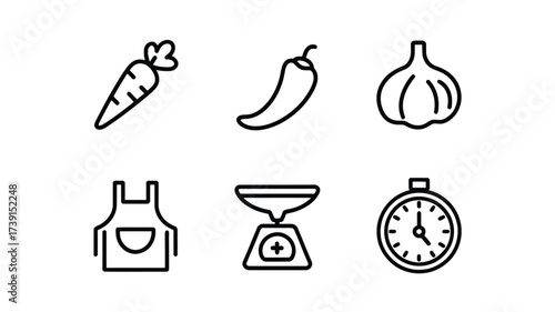 Set of 6 single line vector icons food cooking preparation ingredients kitchen tools elements scalable eps silhouette White background