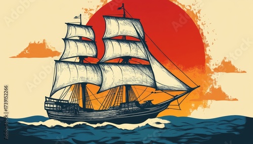 Tall ship sailing on waves, a large sun behind