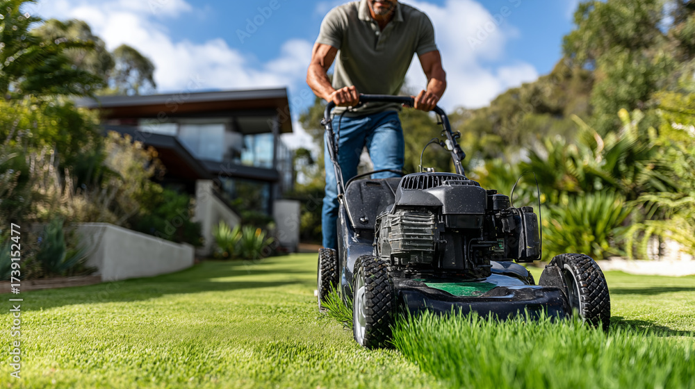 Fototapeta premium Mid section of man mowing lawn with lawnmower in garden