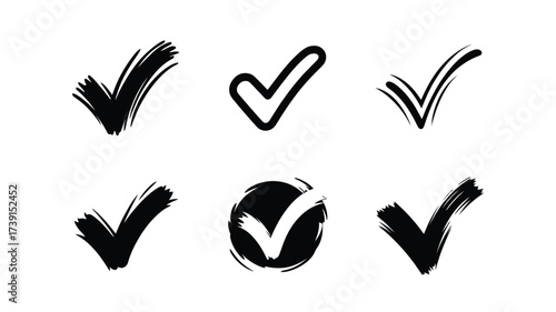 Set of 6 unique vector checkmark icons abstract brush stroke and outline styles scalable eps silhouette White background