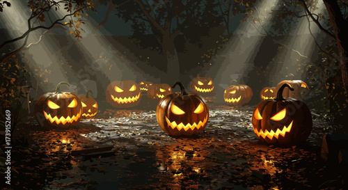 Spooky Halloween Pumpkins Glowing in a Dark Forest Scene.