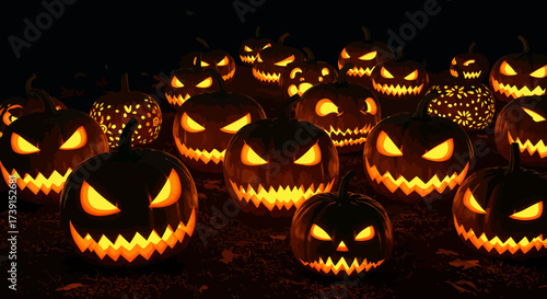 Spooky Halloween Pumpkins with Glowing Faces in the Dark.