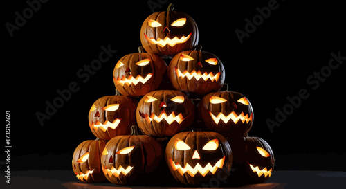 Stacked Halloween Pumpkins with Glowing Carved Faces in the Dark.