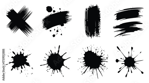 Collection of 8 unique black ink brush stroke splatter and blot vector graphics for diverse design applications silhouette White background