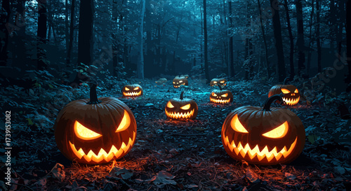 Spooky Jack-o-Lanterns Glowing in a Dark Forest Halloween Scene.
