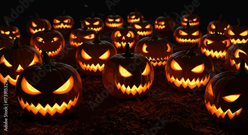 Spooky Halloween Jack-o-Lanterns with Glowing Faces in the Dark.