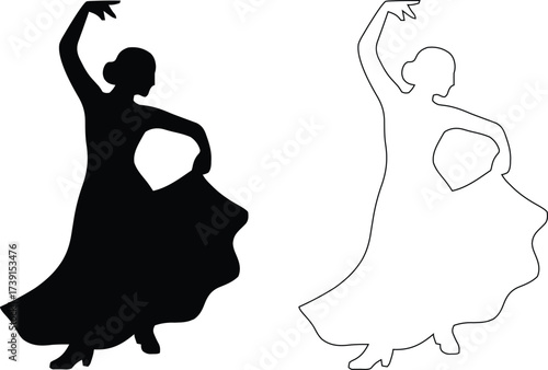 Women black dress icon set.Classic luxury dress.Long maxi, full and floor length dress icon.. Elegant evening gown for glamorous evening and cocktail party. Modern design. Flat vector illustration.