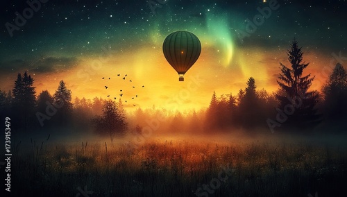 Hot air balloon rises over misty forest in twilight