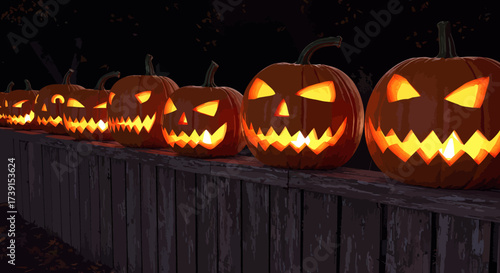 Row of Glowing Jack-o-Lanterns on a Fence at Night.