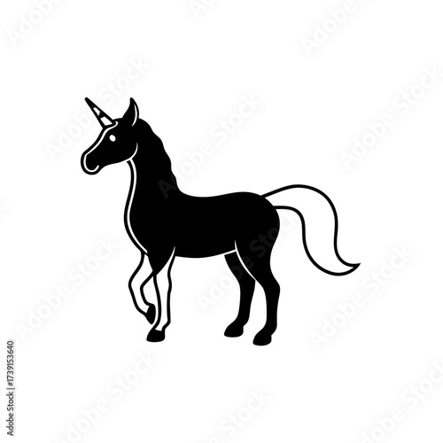 Silhouette of a black unicorn standing up on transparent background