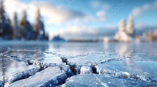 Icy Surface with Fractures on Clear Water Body Amidst Idyllic Winter Landscape and Frozen Scenery