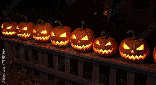 Row of Glowing Jack-o-Lanterns on a Wooden Fence for Halloween Night.