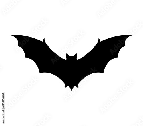 Flying Bat Silhouette Vector Illustration with Wings Spread, Black Halloween Icon Design.