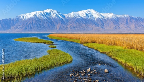 Lake flows toward snow-capped mountains under a blue sky