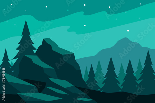 Illustration of mountains and pine trees