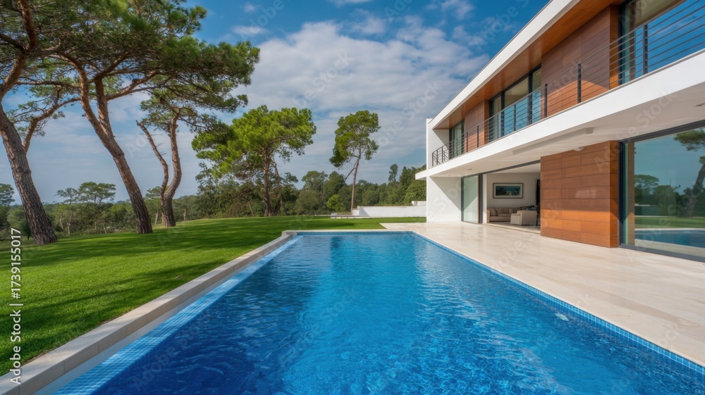 Fototapeta premium A luxurious modern villa with a stunning swimming pool, surrounded by lush green lawns and trees, under a bright blue sky with fluffy clouds