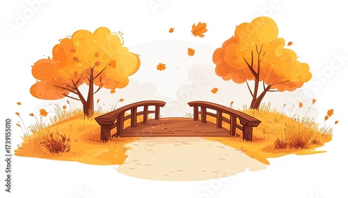 Autumn bridge scene, stylized trees and falling leaves
