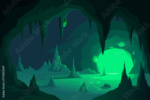 Glowing cavern with stalactites and water