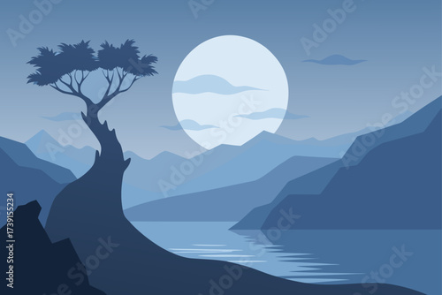 Silhouette tree with moonlit mountainside