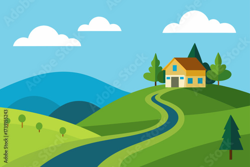 House on hill with winding path landscape