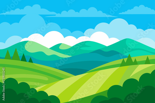 Landscape view of rolling hills and trees